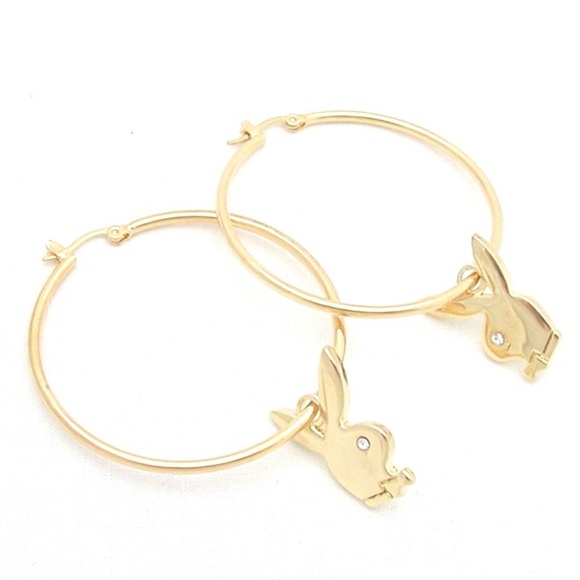 Playboy Earrings Hoops Bunny Charms Gold Plated y2k Deadstock Authentic Licensed - Picture 4 of 5